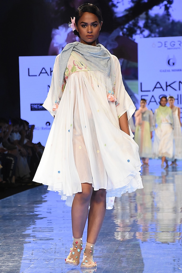 White Gathered & Embroidered Short Dress by Gazal Mishra