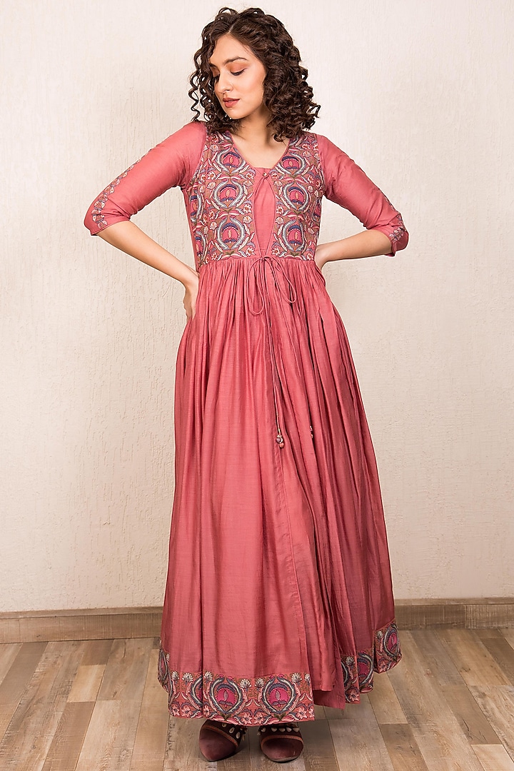 Dusty Pink Embroidered Dress With Inner by Gazal Mishra