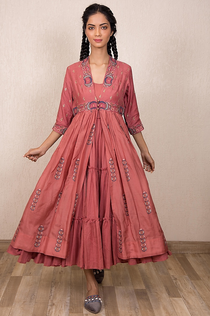 Dusty Pink Embroidered Jacket Dress With Inner by Gazal Mishra