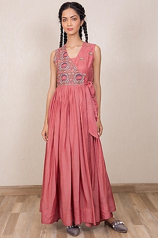 Dusty Pink Embroidered Angrakha Dress With Inner by Gazal Mishra