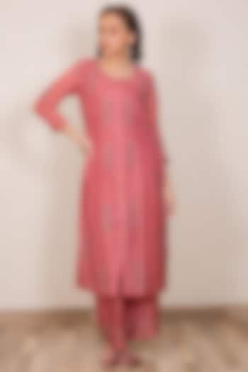 Dusty Pink Embroidered Straight Kurta Set by Gazal Mishra