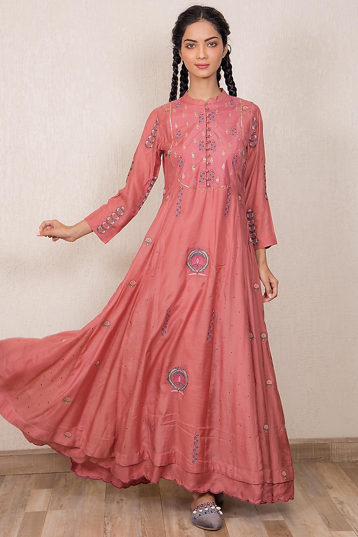 Dusty Pink Embroidered Kalidar Kurta by Gazal Mishra