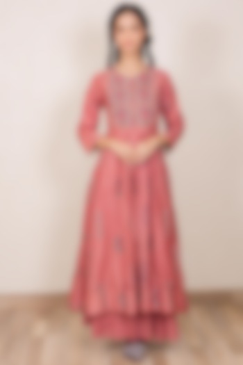 Dusty Pink Embroidered Gathered Dress by Gazal Mishra