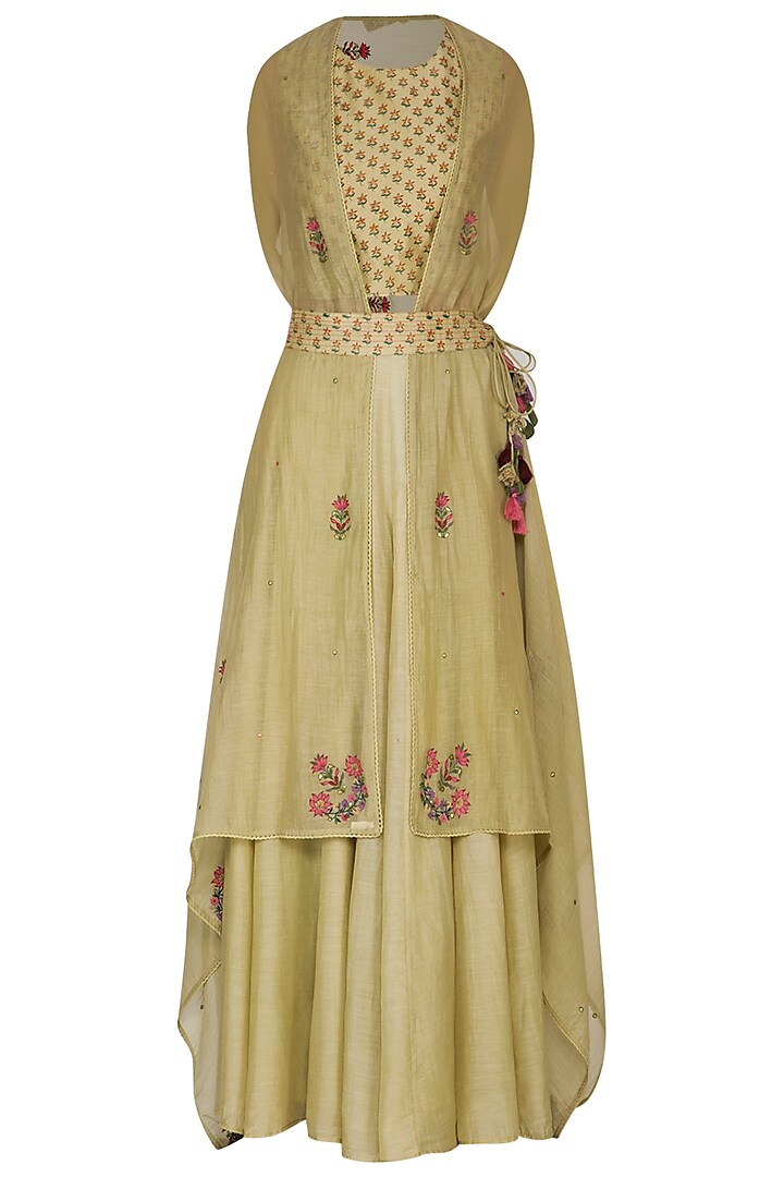 Wild Lime Green Embroidered Printed Blouse With Shrug, Palazzo Pants & Belt by Gazal Mishra