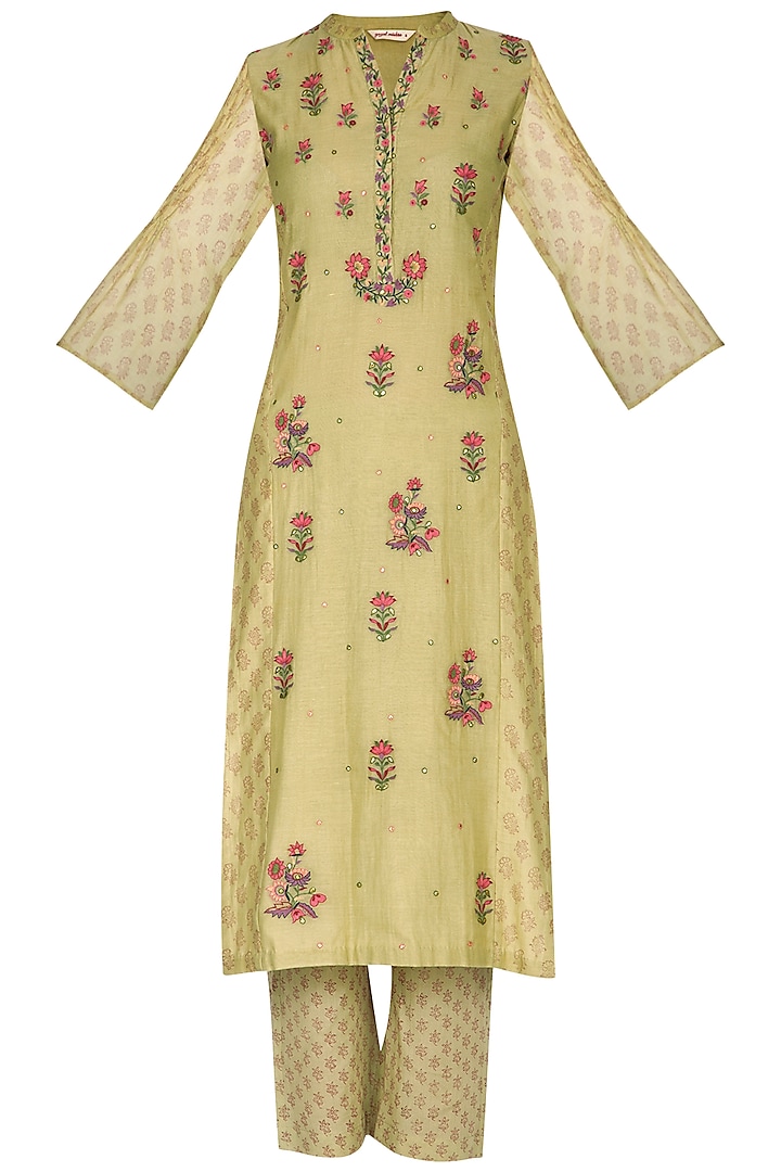 Wild Lime Green Embroidered & Printed Straight Kurta With Pants by Gazal Mishra