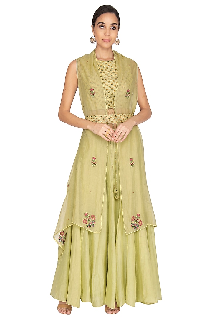 Wild Lime Green Embroidered Palazzo Pants With Blouse, Shrug & Dupatta by Gazal Mishra