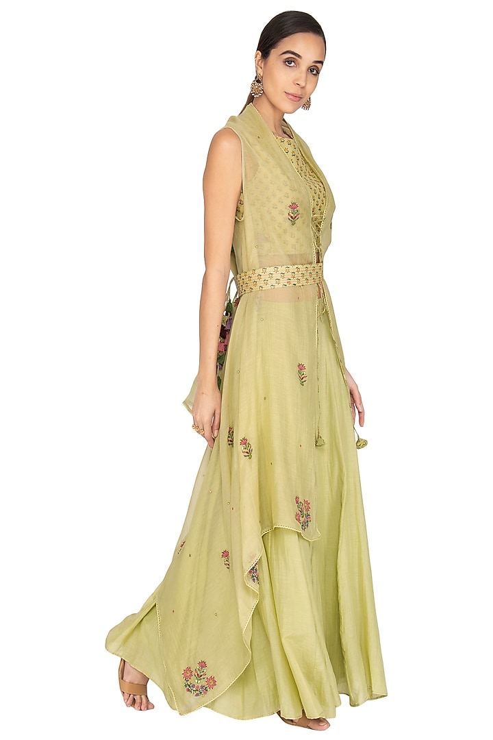 Wild Lime Green Embroidered Palazzo Pants With Blouse, Shrug & Dupatta by Gazal Mishra at Pernia's Pop Up Shop