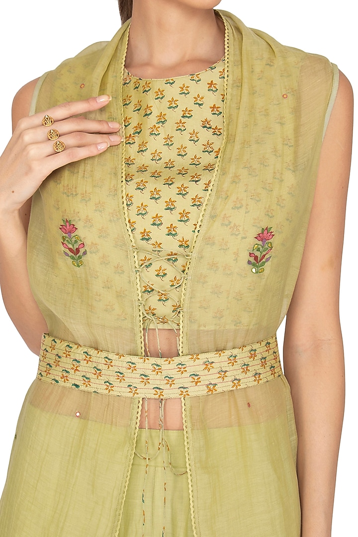 Wild Lime Green Embroidered Palazzo Pants With Blouse, Shrug & Dupatta by Gazal Mishra at Pernia's Pop Up Shop