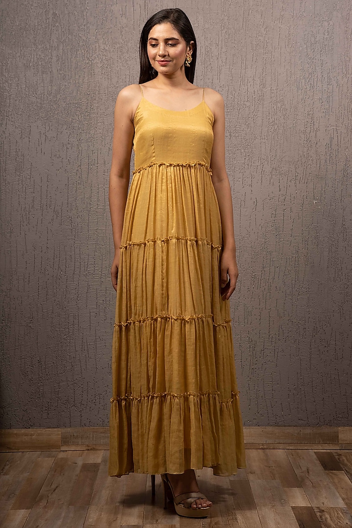 Yellow Shimmer Tiered Dress by Gazal Mishra
