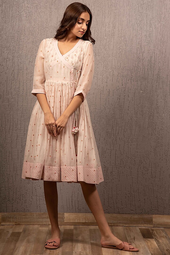 Blush Pink Printed & Embroidered Angrakha Dress by Gazal Mishra