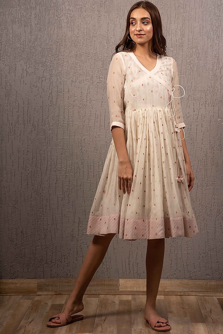 White Digital Printed Angrakha Dress by Gazal Mishra