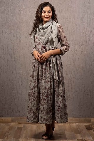Grey Printed Tasseled Scarf by Gazal Mishra