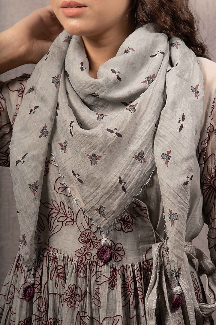 Grey Printed Tasseled Scarf by Gazal Mishra at Pernia's Pop Up Shop