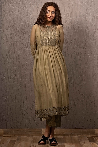 Olive Green Embroidered Kurta With Inner by Gazal Mishra