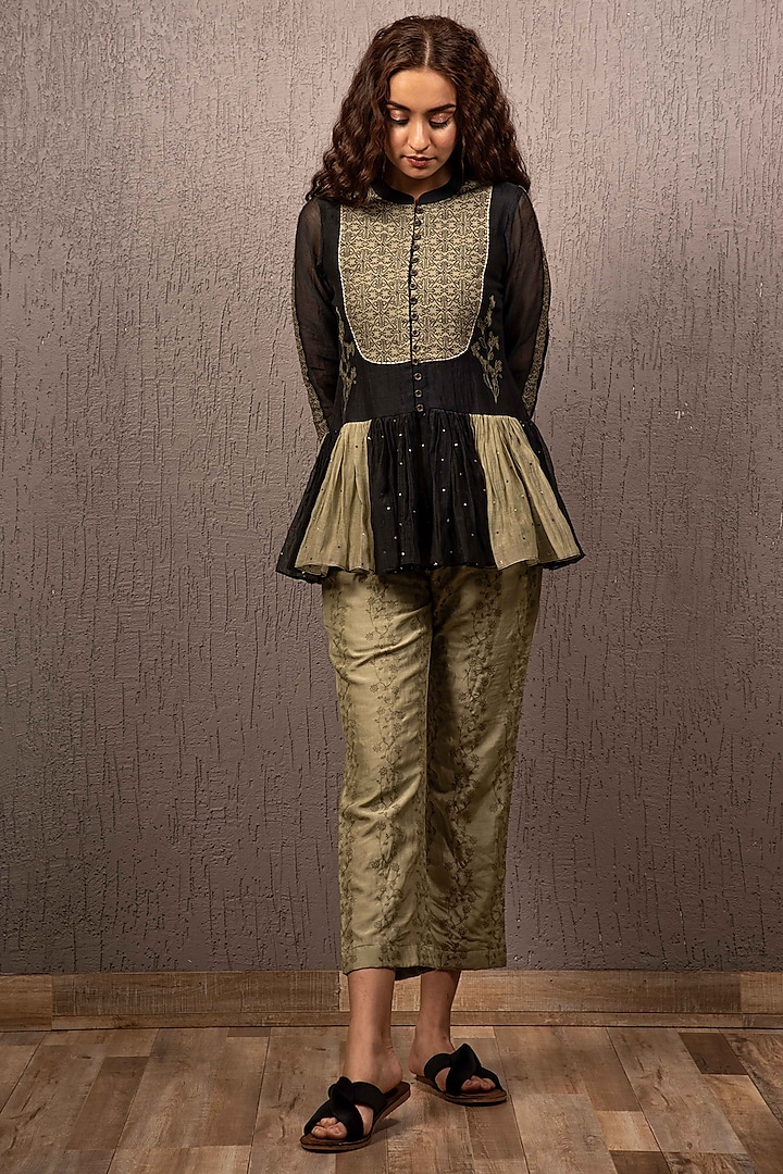 Black & Olive Green Embroidered Top With Pants by Gazal Mishra