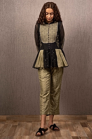 Black & Olive Green Embroidered Top With Pants by Gazal Mishra