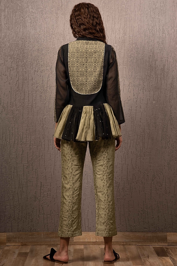 Black & Olive Green Embroidered Top With Pants by Gazal Mishra at Pernia's Pop Up Shop