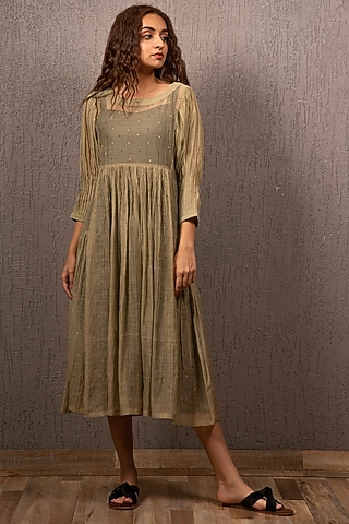 Olive Green Embroidered Midi Dress With Inner by Gazal Mishra