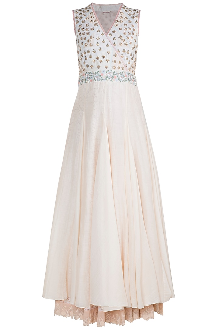 Off White Embroidered Maxi Dress by Gazal Mishra