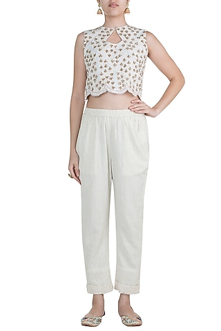Off White Hand Embroidered Blouse by Gazal Mishra