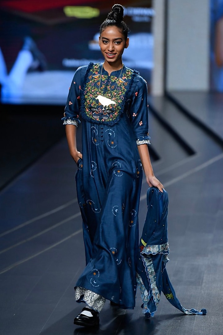 Navy Embroidered Pleated Jumpsuit With Scarf by Gazal Mishra