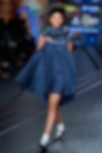 Navy Blue Embroidered Gathered Cocktail Dress With Scarf by Gazal Mishra at Pernia's Pop Up Shop