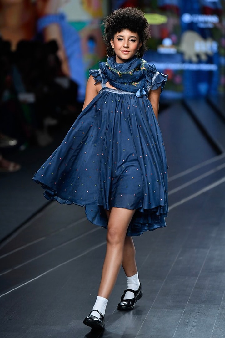 Navy Blue Embroidered Gathered Cocktail Dress With Scarf by Gazal Mishra at Pernia's Pop Up Shop