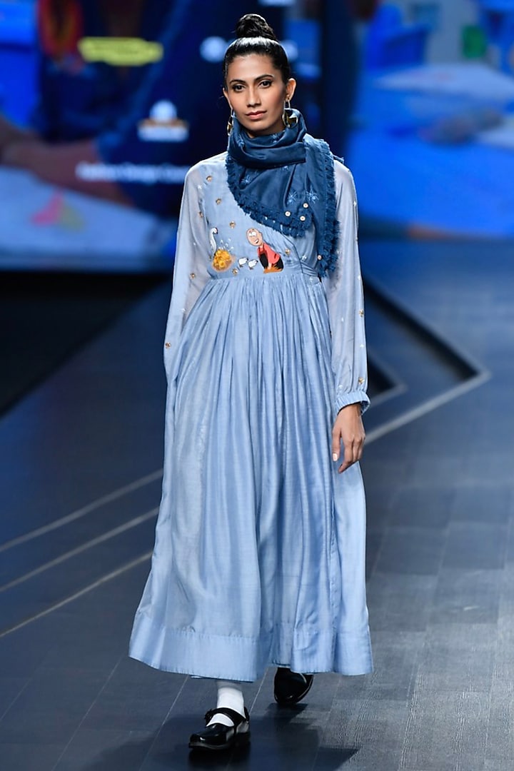Sky Blue Embroidered Dress With Scarf by Gazal Mishra