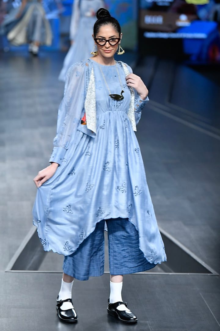 Sky Blue Embroidered Dress With Jacket & Pants by Gazal Mishra