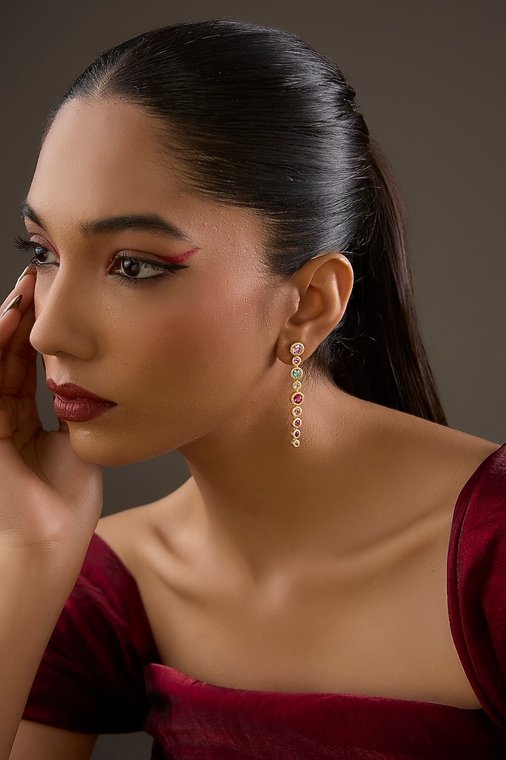 Gold Plated Lab-Grown Sapphire Stone & Ruby Gemstone Dangler Earrings In Sterling Silver by Halo Jewelers at Pernia's Pop Up Shop