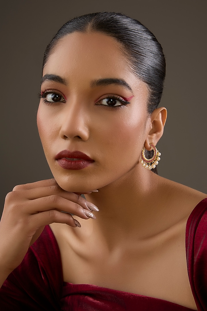 Gold Plated White Synthetic Stone & Pearl Hoop Earrings In Sterling Silver by Halo Jewelers at Pernia's Pop Up Shop