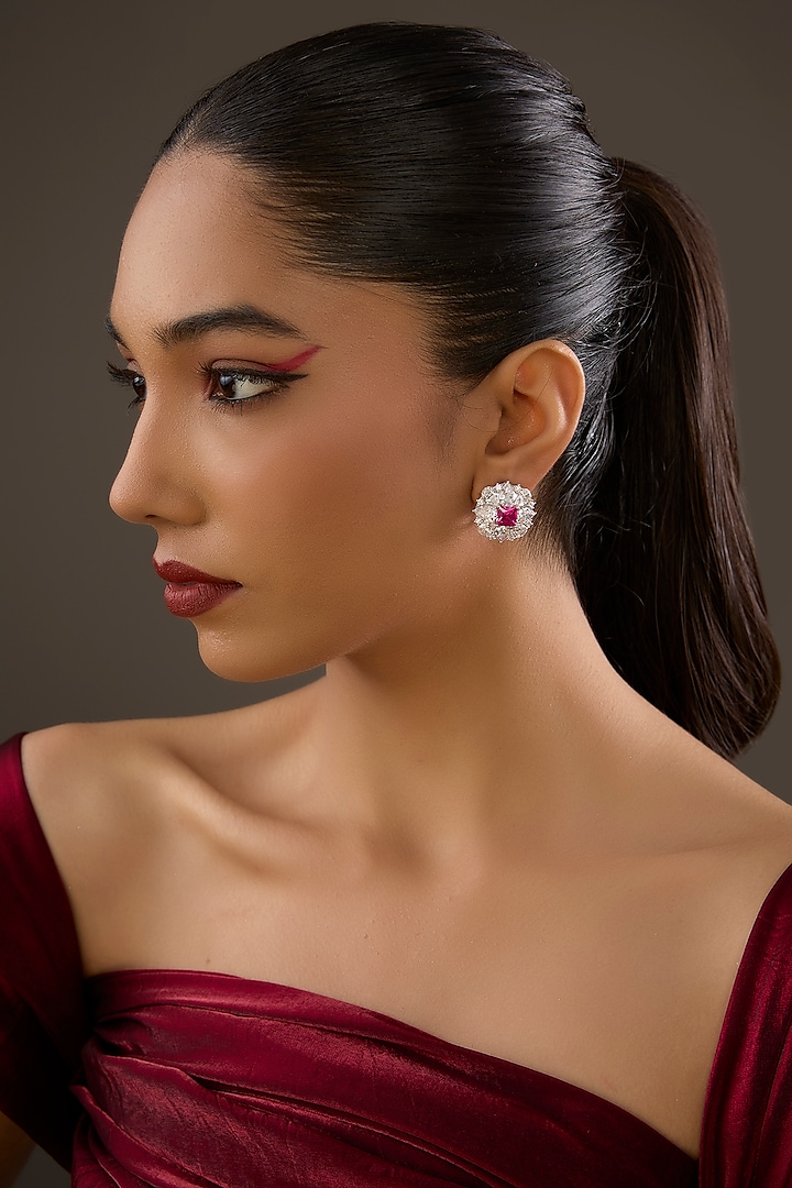 Gold Plated Pink Sapphire Stone & Cubic Zirconia Stud Earrings In Sterling Silver by Halo Jewelers at Pernia's Pop Up Shop