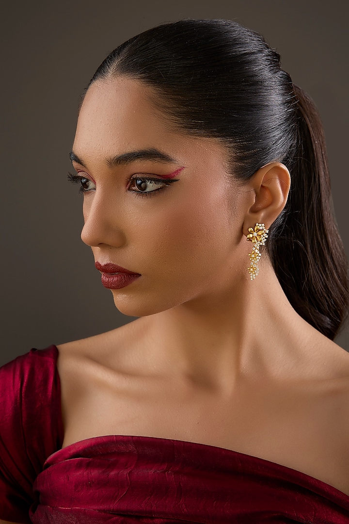 Gold Plated Cubic Zirconia Floral Long Earrings In Sterling Silver by Halo Jewelers at Pernia's Pop Up Shop