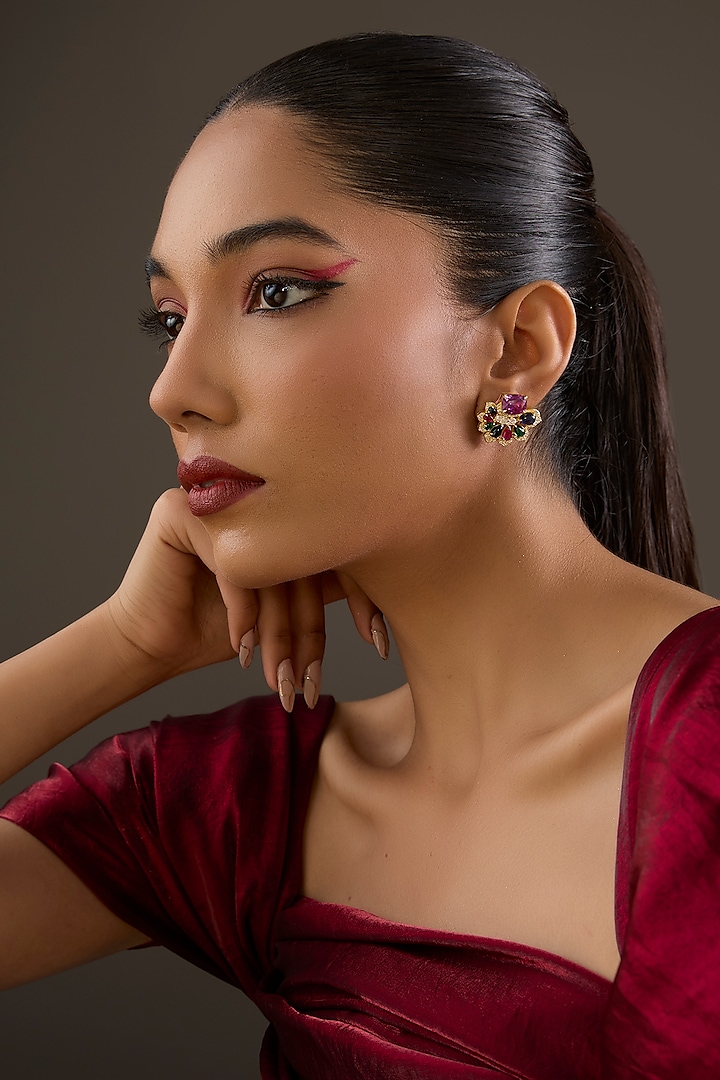 Gold Plated Lab-Grown Multi-Colored Sapphire Stone & Cubic Zirconia Stud Earrings In Sterling Silver by Halo Jewelers at Pernia's Pop Up Shop