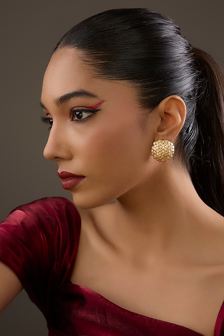 Gold Plated White Synthetic Stone Stud Earrings In Sterling Silver by Halo Jewelers at Pernia's Pop Up Shop