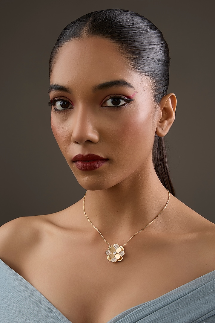 Gold Plated Cubic Zirconia Floral Pendant Necklace In Sterling Silver by Halo Jewelers at Pernia's Pop Up Shop