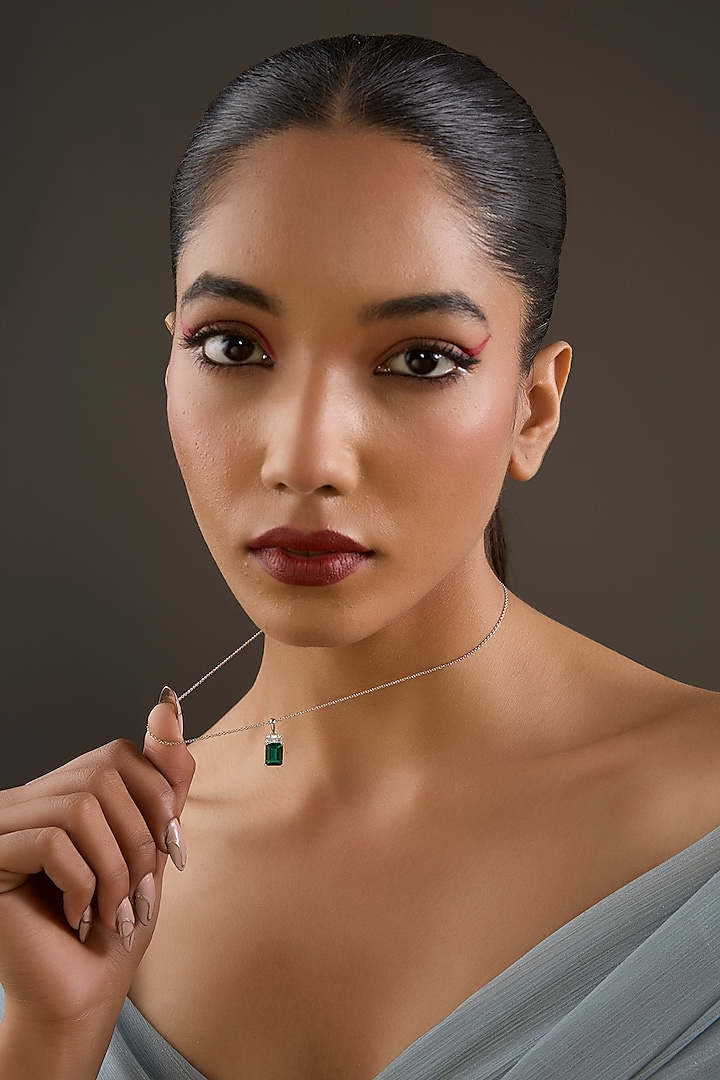 Gold Plated Cubic Zirconia & Emerald Stone Pendant Necklace In Sterling Silver by Halo Jewelers at Pernia's Pop Up Shop