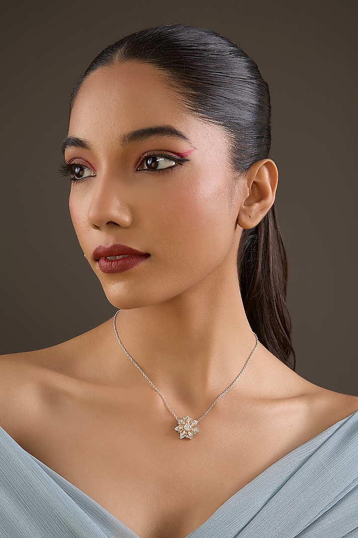 Gold Plated Cubic Zirconia & Moissanite Stone Floral Pendant Necklace In Sterling Silver by Halo Jewelers at Pernia's Pop Up Shop