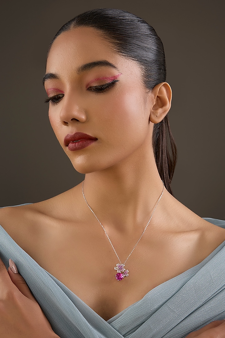 Gold Rhodium Plated Pink Sapphire & Cubic Zirconia Pendant Necklace In Sterling Silver by Halo Jewelers at Pernia's Pop Up Shop