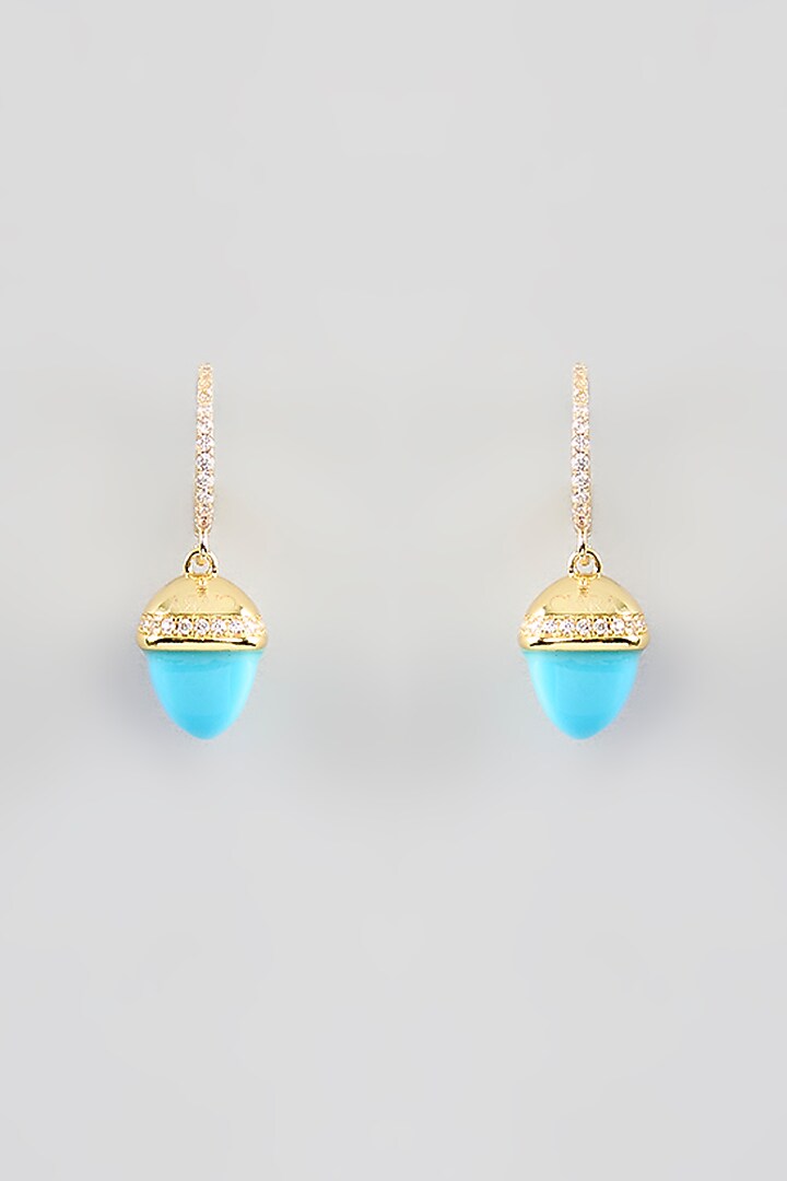 Gold Finish Cubic Zirconia & Blue Crystal Dangler Earrings by Halo Jewelers at Pernia's Pop Up Shop