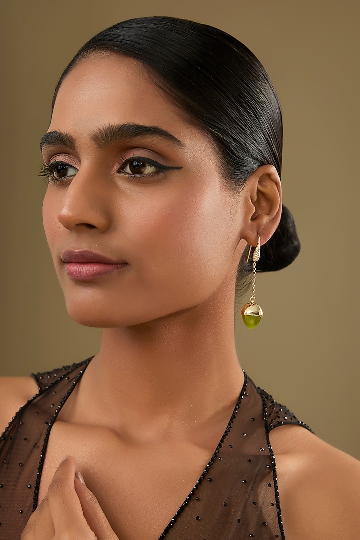 Gold Finish Cubic Zirconia & Olive Crystal Hook Earrings by Halo Jewelers at Pernia's Pop Up Shop