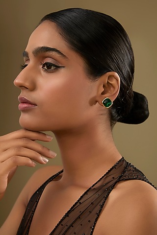 Gold Finish Green Tourmaline Stud Earrings by Halo Jewelers