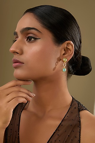 Gold Finish Green & Aquamarine Crystal Dangler Earrings by Halo Jewelers