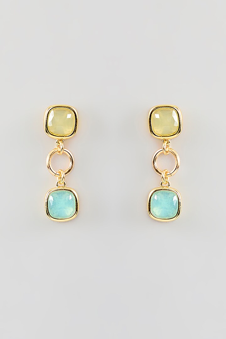 Gold Finish Green & Aquamarine Crystal Dangler Earrings by Halo Jewelers at Pernia's Pop Up Shop
