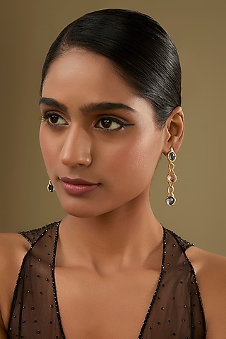 Gold Finish Orange & Blue Crystal Dangler Earrings by Halo Jewelers
