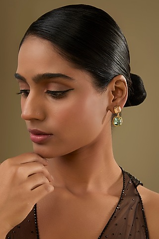Gold Finish Peach & Aquamarine Crystal Dangler Earrings by Halo Jewelers