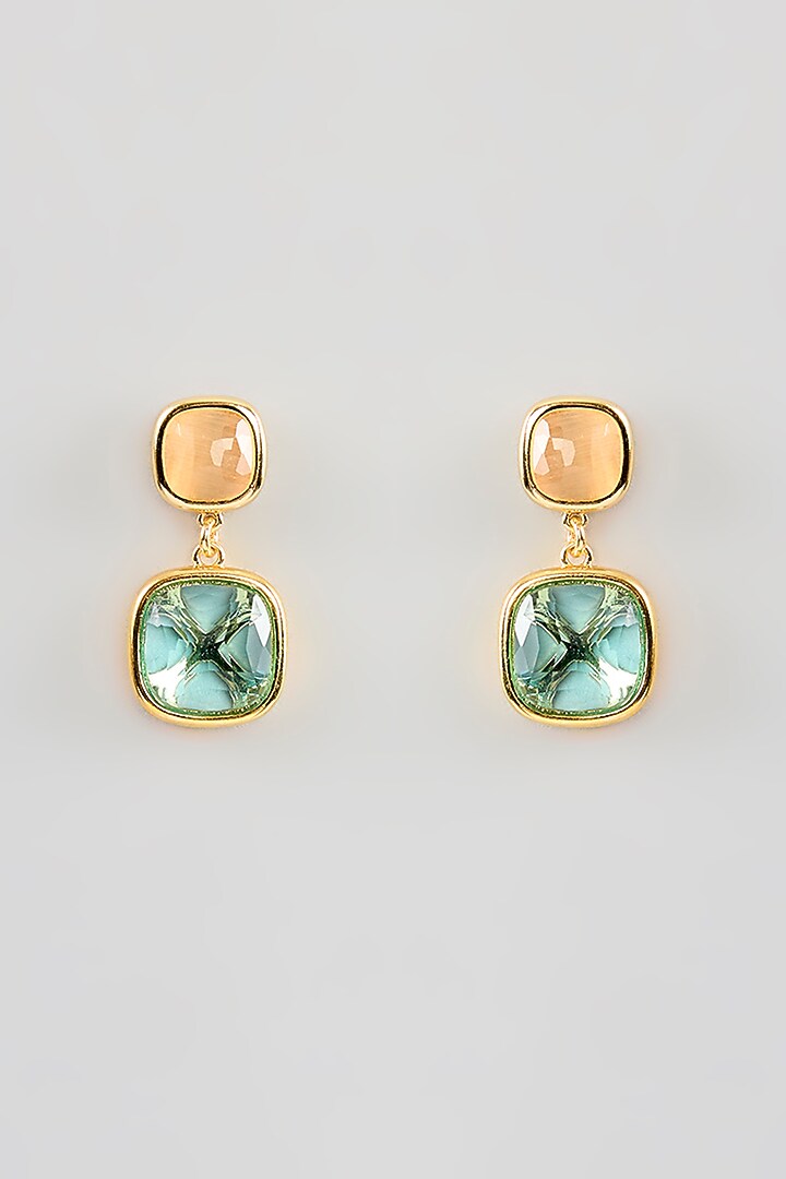 Gold Finish Peach & Aquamarine Crystal Dangler Earrings by Halo Jewelers at Pernia's Pop Up Shop