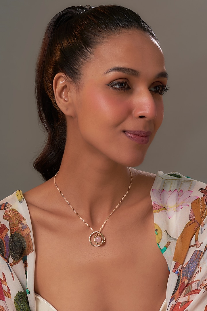 Yellow Gold Finish Cubic Zirconia & Pink Quartz Stone Necklace by Halo Jewelers at Pernia's Pop Up Shop