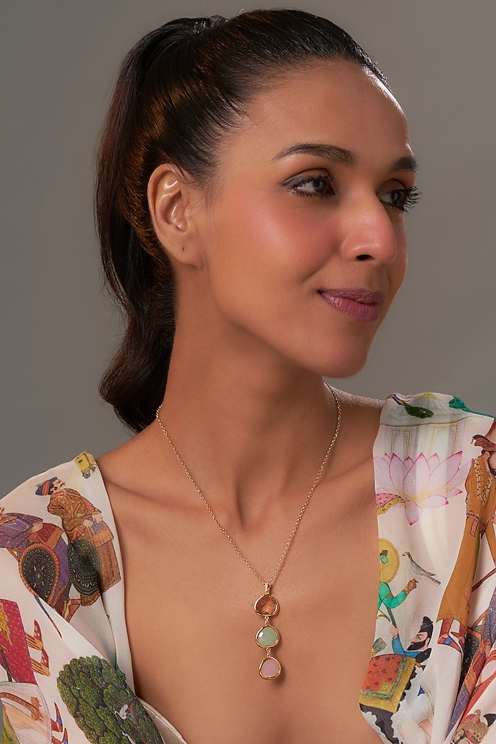 Yellow Gold Finish Cubic Zirconia & Multi-Colored Crystal Pendant Necklace by Halo Jewelers at Pernia's Pop Up Shop