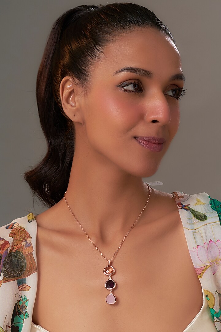 Rose Gold Finish Cubic Zirconia & Multi-Colored Crystal Pendant Necklace by Halo Jewelers at Pernia's Pop Up Shop